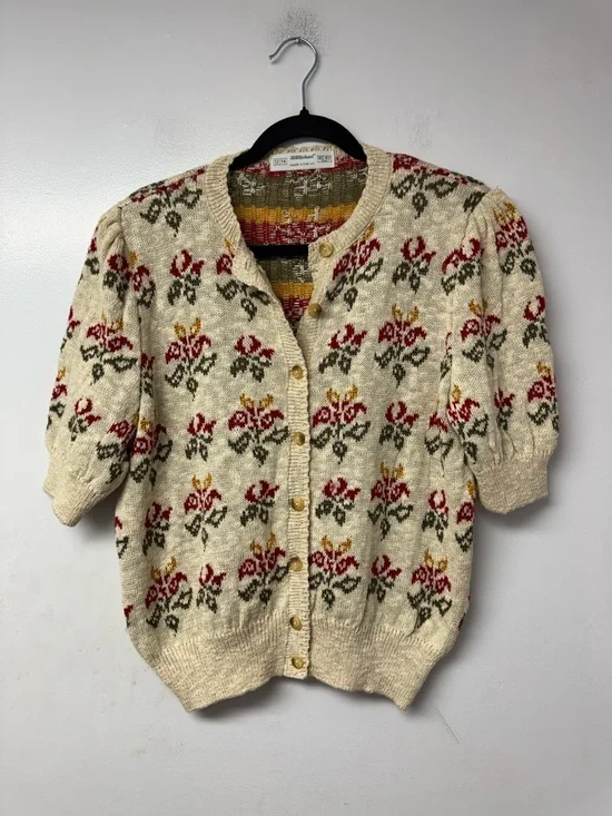 St Michael Vintage Floral Knit Cardigan Beige Cottagecore sweater UK 12/14 A4 - Picture 3 of 10